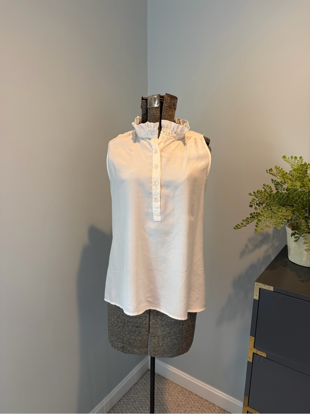 J. Crew White Sleeveless Ruffled Neck Button-Placket Camisole
